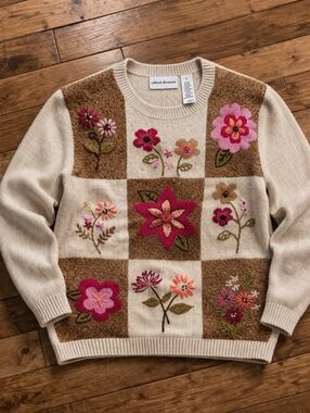 Vintage Alfred Dunner Silk Wool Floral Patchwork Sweater L Cottagecore
